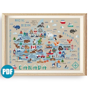 #163 Kanada Kreuzstich Stickmuster Landkarte Kanada ideal, Wanddeko für Jungen Ottawa Toronto, Kanada Kreuzstichmuster