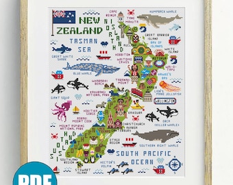 Carte de la Nouvelle-Zélande au point de croix pdf #186 Maori île du sud île du nord Hobbiton Taupo