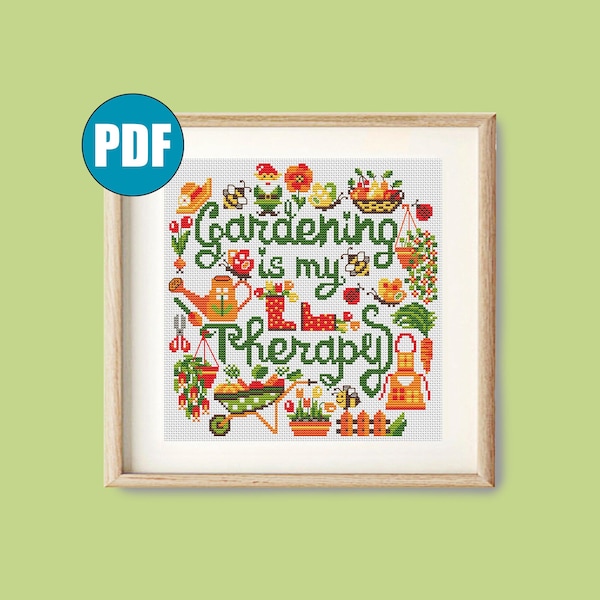 Gardening is my Therapy cross stitch pattern pdf #84 Home decor Flower cross stitch Garden Spring cross stitch Lady Bug Butterfly Tulips PDF