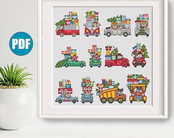 Peut inclure: Un motif de point de croix représentant neuf véhicules différents, chacun empilé de cadeaux de Noël et décoré de verdure festive. Les véhicules comprennent une camionnette rouge, un pick-up bleu, un camion à benne basculante jaune et une voiture verte. Le motif est parfait pour créer une décoration de Noël unique et festive.