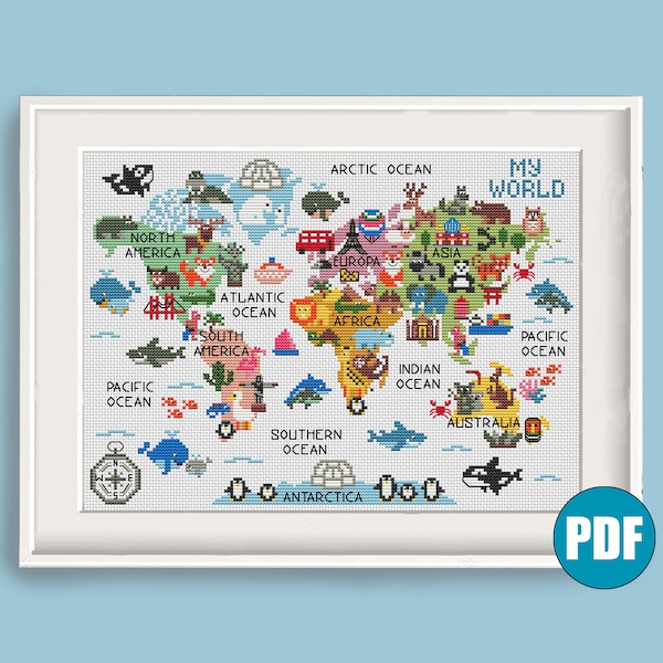World map for kids My World modern cross stitch pdf pattern #96 Wild animal cross stitch Africa Europe Australia cross stitch Nursery Asia