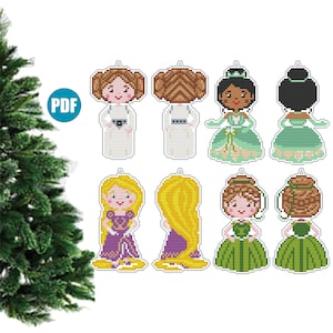 May include: Eight cross-stitch patterns for Christmas ornaments featuring princesses and characters from popular movies. The patterns include a princess with long blonde hair, a princess with brown hair, a princess with green hair, a princess with black hair, and a princess with white hair. The patterns are in PDF format.
