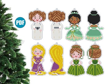 Peut inclure: Huit motifs de point de croix pour des décorations de Noël représentant des princesses et des personnages de films populaires. Les motifs comprennent une princesse aux longs cheveux blonds, une princesse aux cheveux bruns, une princesse aux cheveux verts, une princesse aux cheveux noirs et une princesse aux cheveux blancs. Les motifs sont au format PDF.