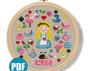 Alice in Wonderland modern cross stitch pattern pdf #127 Alice cross stitch Eat me Drink me Flamingo cross stitch Roses DIY Girls room decor