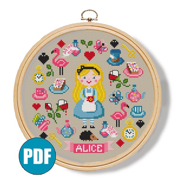 Alice in Wonderland modern cross stitch pattern pdf #127 Alice cross stitch Eat me Drink me Flamingo cross stitch Roses DIY Girls room decor