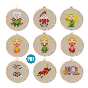 Puede incluir: Nueve aros de bordado de punto de cruz redondos con personajes de dibujos animados. Los personajes incluyen un hombre de verde, un hombre de marrón, una mujer de verde con una varita, una mujer de naranja, una mujer de verde, una mujer de rojo, un pájaro, una alfombra mágica y una colección de objetos.