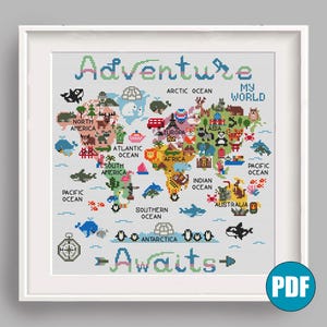 Mapa Mundi: A Aventura Aguarda - Padrão de Ponto Cruz Moderno em PDF #96 - Decoração para Quarto Infantil - Mapa de Berçário - Animais Selvagens - Europa, Ásia, África, Austrália - Faça Você Mesmo