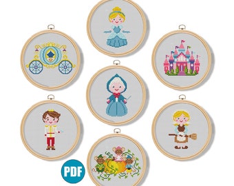 Peut inclure: Ensemble de six motifs de broderie représentant des personnages et des scènes de Cendrillon. Les motifs comprennent Cendrillon dans sa robe bleue, le Prince, la Fée marraine, la citrouille transformée en carrosse, le château et les souris.