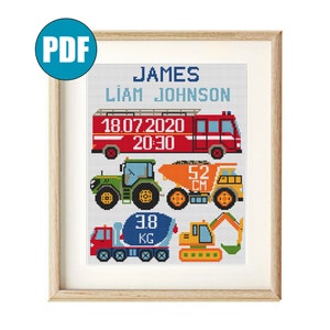 May include: Cross stitch pattern featuring a red fire truck, a green tractor, a yellow dump truck, a gray cement mixer, and a yellow excavator. The pattern also includes the names "JAMES LIAM JOHNSON" and the date "18.07.2020 20:30".