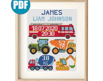 Birth Announcement Heavy equipment cross stitch pattern pdf #70 Fire truck Excavator Tractor Dump truck Baby cross stitch Nursery decor DIY
