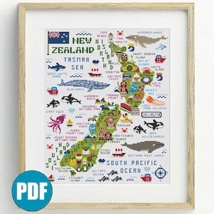 New Zealand map cross stitch pattern pdf #186 Maori south island  north island Hobbiton Taupo