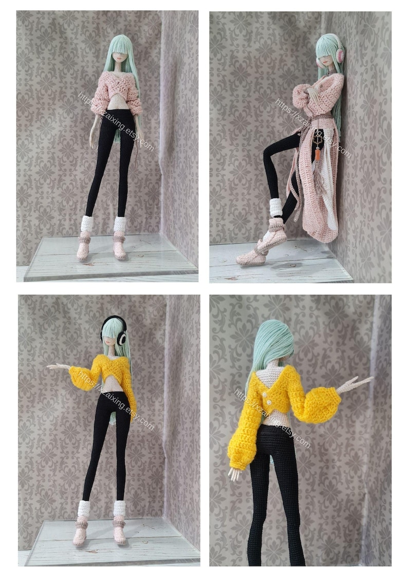 May include: A doll in several crocheted outfits, including a pink cropped sweater, black leggings, and white and pink boots. The doll has long, light blue hair and wears headphones in some images. The outfits are handmade.