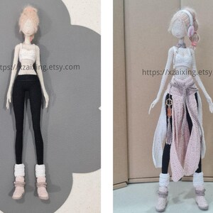 May include: Crocheted doll in a white crop top, black leggings, and pink boots. The doll has a light pink hairstyle and is wearing a white crocheted outfit with a pink scarf. The text "https://xzaixing.etsy.com" is visible.