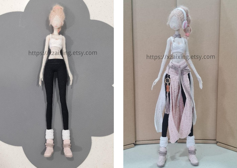 May include: Crocheted doll in a white crop top, black leggings, and pink boots. The doll has a light pink hairstyle and is wearing a white crocheted outfit with a pink scarf. The text "https://xzaixing.etsy.com" is visible.