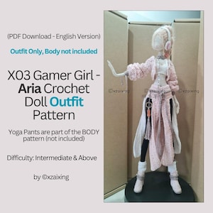 May include: A crochet doll outfit pattern for a gamer girl, featuring a pink and white outfit with a long skirt, jacket, and leg warmers. The pattern is for intermediate crocheters and includes the text "X03 Gamer Girl - Aria Crochet Doll Outfit Pattern".