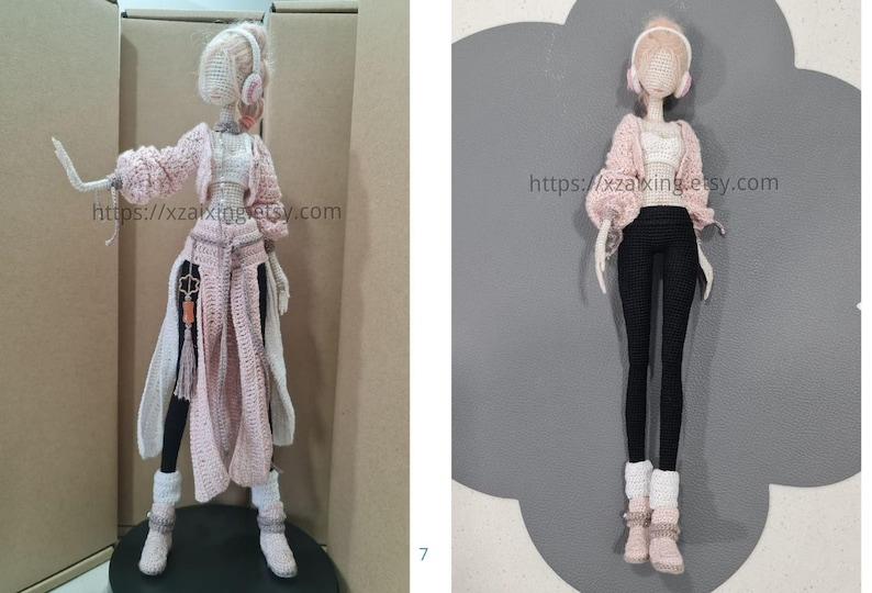 May include: Crocheted doll wearing a pink sweater, white top, black leggings, and white boots. The doll has headphones and a long, flowing coat. The doll is standing on a black surface. The Etsy shop URL is visible on the image.
