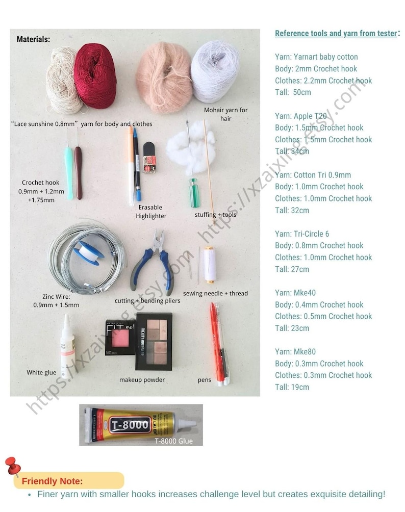 May include: A selection of craft materials, including different coloured yarns, crochet hooks, glue, makeup, pens, and wire. The image also shows a tube of T-8000 glue and a makeup palette. The text in the image lists materials and reference tools.