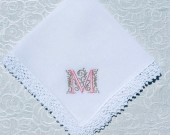 PERSONALIZED EMBROIDERED Ladies Crochet Handkerchief with Elegant Design