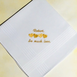 PERSONALIZED EMBROIDERED Mans handkerchief with four hearts and phrase