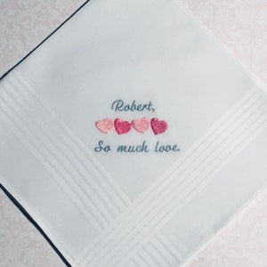 PERSONALIZED EMBROIDERED Mans handkerchief with four hearts and phrase