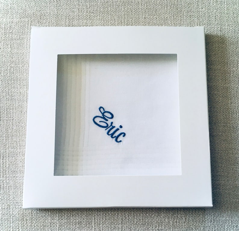 May include: A white handkerchief with a blue embroidered name "Eric" in a white frame.