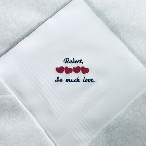 PERSONALIZED EMBROIDERED Mans handkerchief with four hearts and phrase