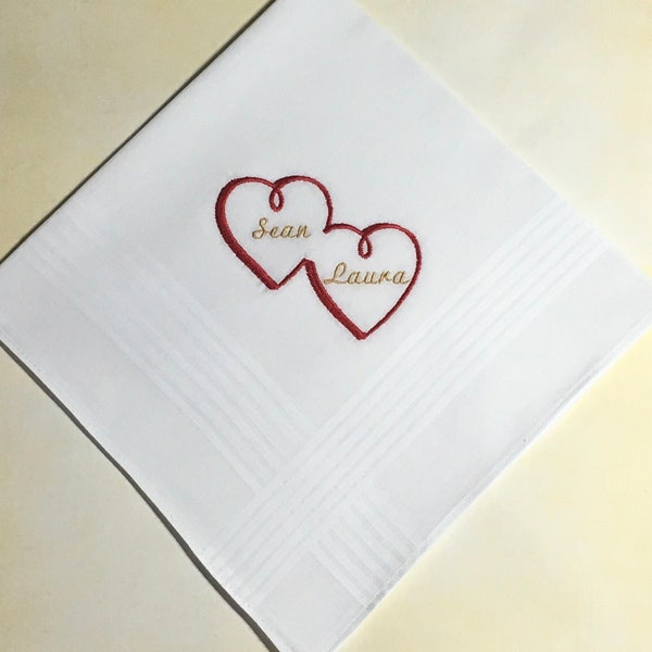 PERSONALIZED EMBROIDERED mans handkerchief with intertwined heart with names
