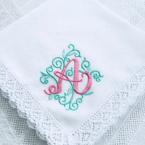PERSONALIZED EMBROIDERED Monogrammed Ladies Handkerchief with Leafy Design
