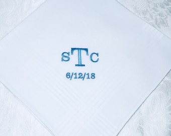 PERSONALIZED EMBROIDERED  Mans Handkerchief with Monogram and date