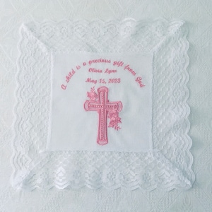 Personalized Embroidered BAPTISM Handkerchief with Lace Trim