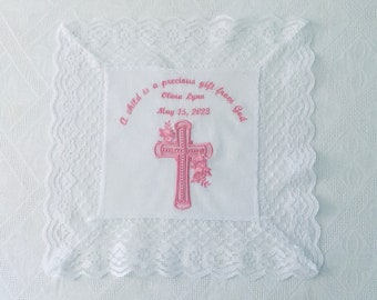 Personalized Embroidered BAPTISM Handkerchief with Lace Trim