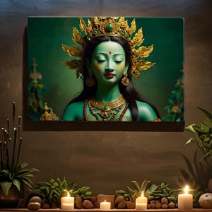 Green Tara Goddess Canvas Wall Art - Buddhist Deity Meditation Room Decor - Tibetan Spiritual Art Print - Divine Feminine Sacred Art