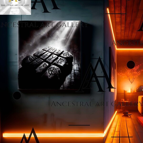 Ancestral Runes: Light in Carved Stone. A Relic of Ancient Wisdom, Runes Wall Art, Canvas print, Nordic Mythology, Spiritual Runes, Mystery.