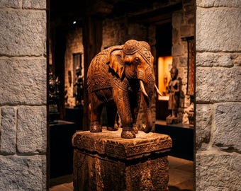 Elephant Wall Art, Ornamental Elephant Sculpture Print, Museum Decor