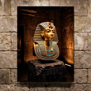 May include: A framed image of the golden burial mask of Tutankhamun, displayed in a stone-walled gallery. The mask features gold, blue, and turquoise details. The gallery is lit by spotlights, creating a dramatic effect.