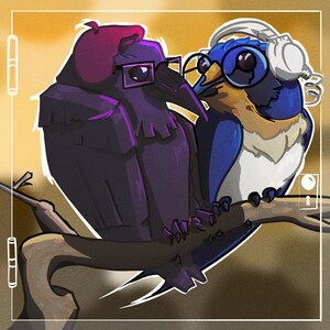 May include: A purple bird with a red hat and glasses perched on a branch with a blue bird wearing headphones and glasses. The blue bird has a white belly and is facing the left. The purple bird is facing the right. The branch is brown and has a light brown background.