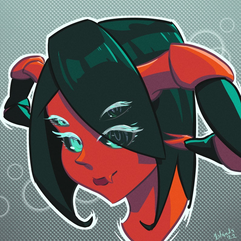 May include: A cartoon illustration of a red-skinned person with green hair and four eyes. The person has a red and black robotic arm and is looking to the right.