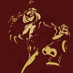 May include: A gold silhouette of a female figure with short hair wearing a mask and a crown. The figure is holding a weapon in its right hand and is standing in a dynamic pose. The background is a solid dark red color.