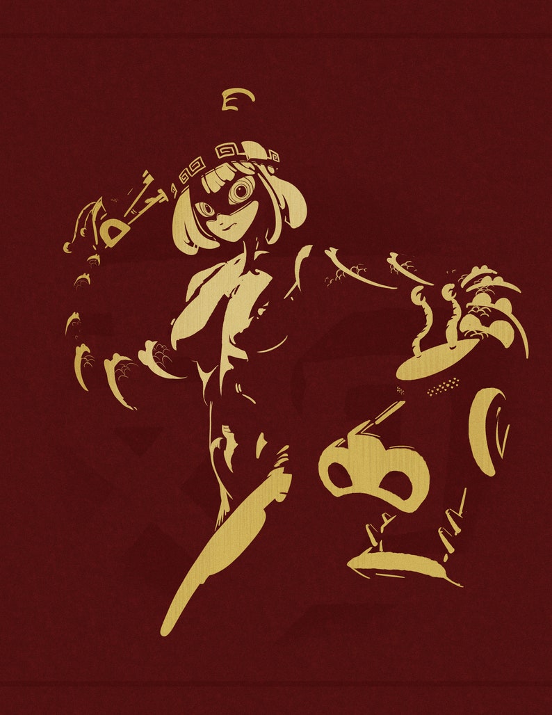 May include: A gold silhouette of a female figure with short hair wearing a mask and a crown. The figure is holding a weapon in its right hand and is standing in a dynamic pose. The background is a solid dark red color.