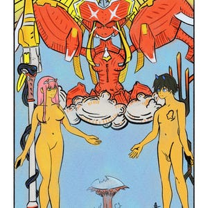 Puede incluir: Una ilustraci&oacute;n de carta de tarot que representa a Los Enamorados. La carta presenta dos figuras desnudas, una mujer con cabello rosado y un hombre con cabello azul, de pie a cada lado de una gran figura humanoide roja con un halo amarillo. La carta est&aacute; titulada "LOS ENAMORADOS."