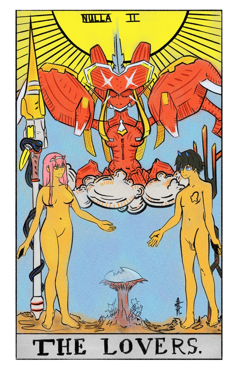 Puede incluir: Una ilustraci&oacute;n de carta de tarot que representa a Los Enamorados. La carta presenta dos figuras desnudas, una mujer con cabello rosado y un hombre con cabello azul, de pie a cada lado de una gran figura humanoide roja con un halo amarillo. La carta est&aacute; titulada "LOS ENAMORADOS."