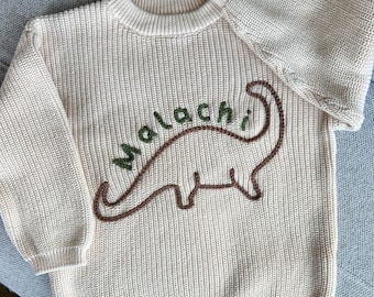 Hand Embroidered Dinosaur Sweater: Personalized Baby Keepsake