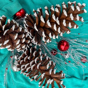 May include: Three pine cones dusted with white glitter are arranged on a turquoise fabric background. The pine cones are surrounded by silver and red sparkly garland.