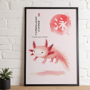 Póster de acuarela de ajolote japonés, impresión artística rosa, decoración japonesa, regalo de pared, regalo único para amantes de los ajolotes, póster rosa