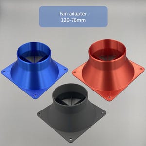 Peut inclure: Trois adaptateurs de ventilateur en bleu, rouge et noir, chacun doté d'une base carrée avec quatre trous de vis aux coins et une ouverture supérieure circulaire avec des supports internes. Le texte "Fan adapter 120-76mm" est visible au-dessus.