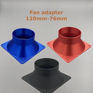 May include: Three fan adapters in blue, red, and black. Each adapter is a 120mm to 76mm reducer. The text "Fan adapter 120mm-76mm" is displayed above the adapters.