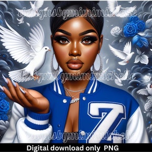 Peut inclure: Une illustration numérique d'une femme noire portant une veste de survêtement bleu et blanche. Elle porte un collier et des boucles d'oreilles en argent. Elle a une colombe blanche dans sa main et il y a des colombes blanches qui volent autour d'elle. L'arrière-plan est un dégradé gris et bleu avec des roses blanches et des roses bleues.