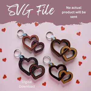 May include: Four heart-shaped keychains in various colors, including glittery red and brown, and wooden brown. Each keychain features two interlocking hearts and a silver keyring. The image includes the text "SVG File" and "Digital Download".
