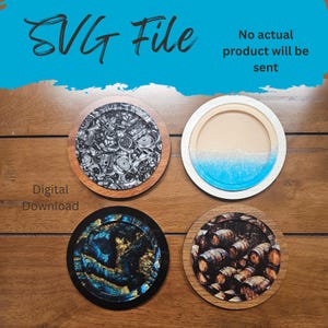 May include: Four round coasters with unique designs. One features a black and white engine parts pattern, another has a beach scene with blue and beige tones, a third has a blue and gold pattern, and the last shows stacked barrels. The text "SVG File" and "Digital Download" are visible.