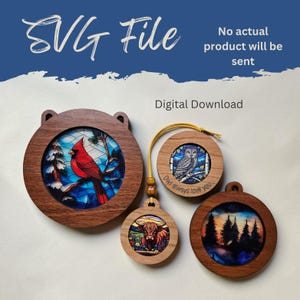 May include: A collection of wooden ornaments with nature-themed designs. One features a red cardinal, another an owl, a Highland cow, and a forest scene. The text "SVG File" and "Digital Download" are visible.